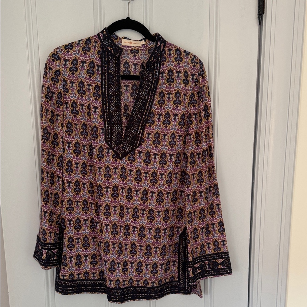 Tory Burch Purple Patterned V-Neck Tunic with Navy Trim
